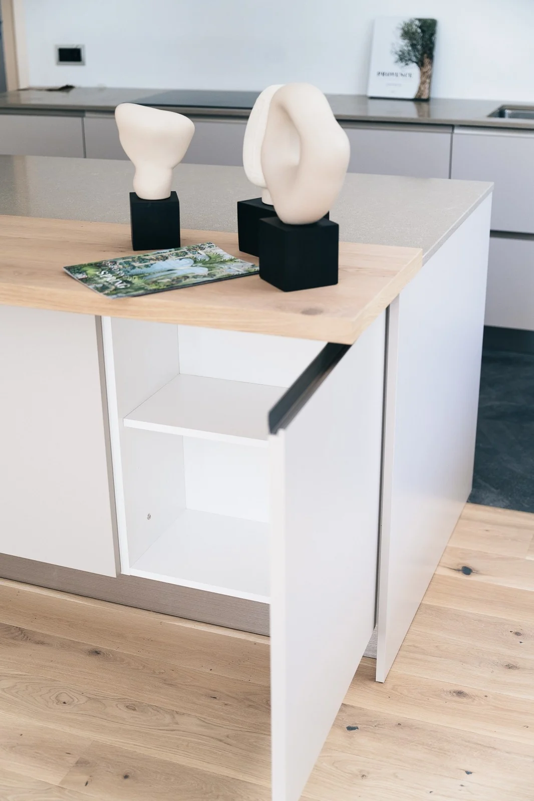 Îlot de cuisine clair et parquet en bois dans un intérieur du groupe